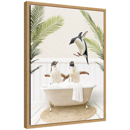 Sylvie Penguins in Palm Bathtub Framed Canvas by Amy Peterson