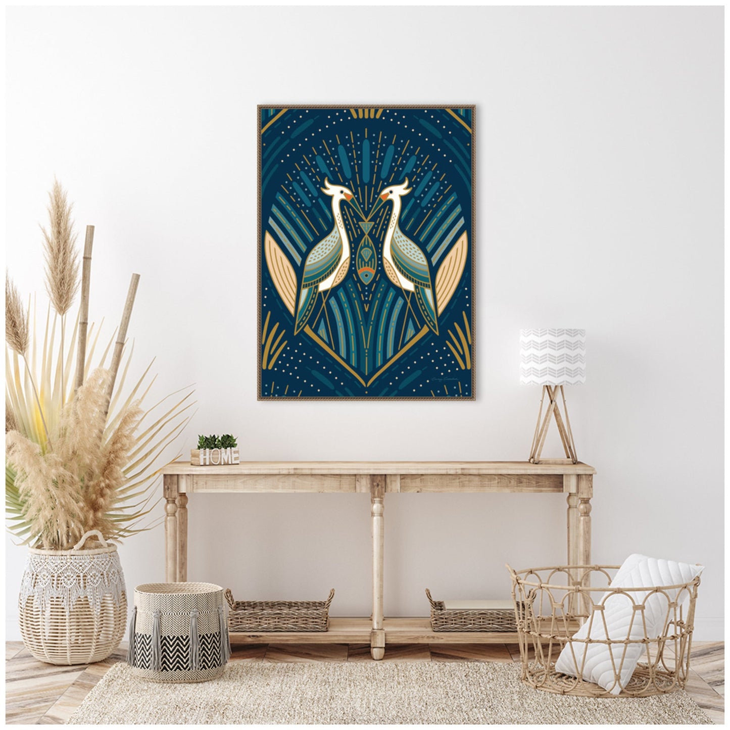 Sylvie Art Deco Herons Blue Framed Canvas by Carey Copeland