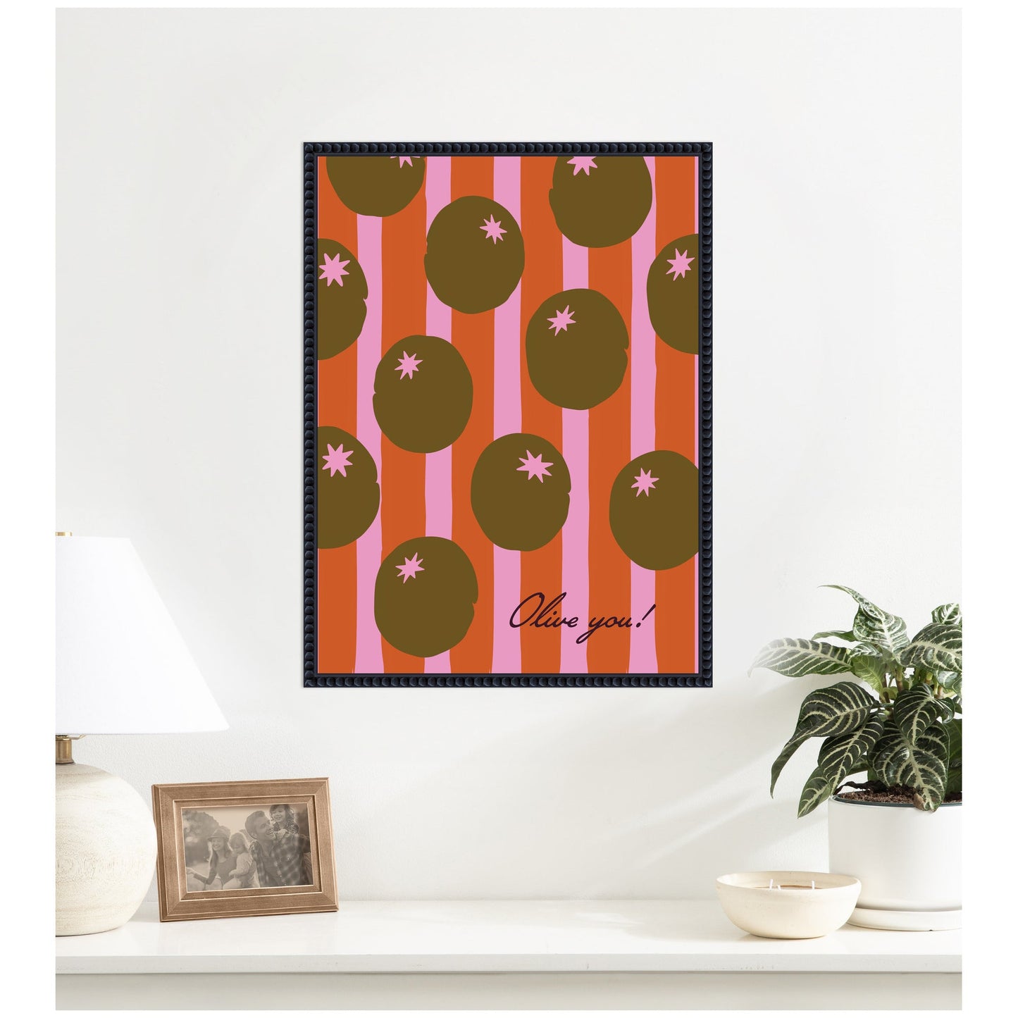 Olive You Pink Stripes by Lucky Guava Framed Canvas Wall Art Print