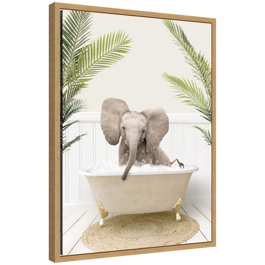 Sylvie Baby Elephant 3 in Palms Bathtub Framed Canvas by Amy Peterson