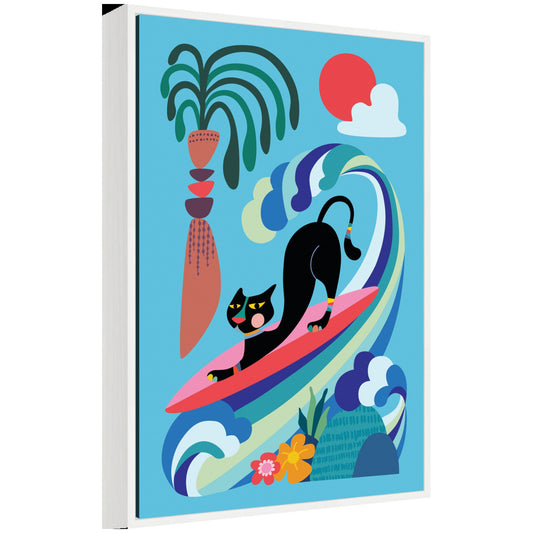 Sylvie Vibrant Whimsical Ocean Surf Cat Framed Canvas by Rachel Lee