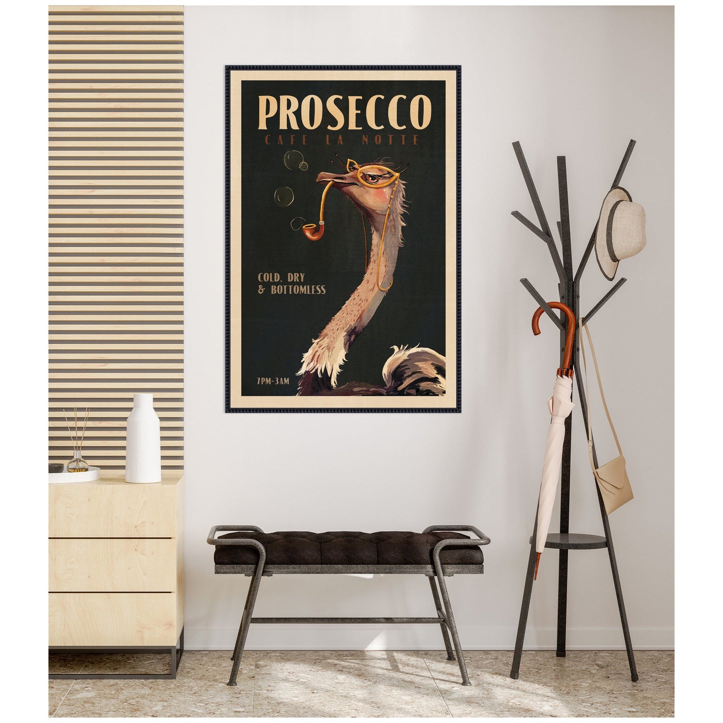 WG Deco Prosecco Ostrich by The Whiskey Ginger Framed Canvas Wall Art Print