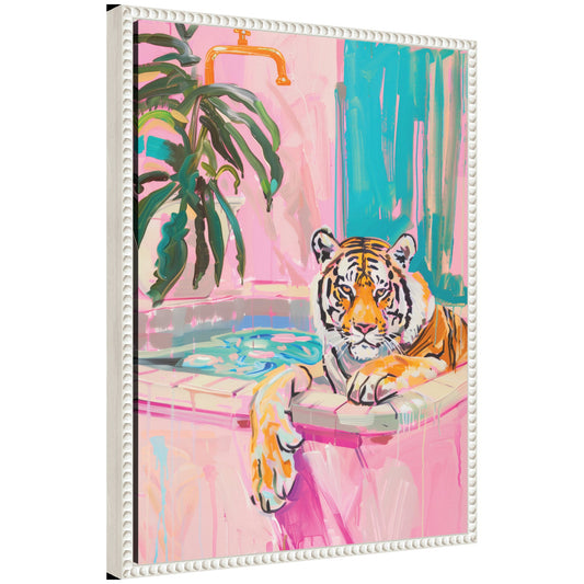 Sylvie Tiger Bathtub Vibrant Dopamine Decor Framed Canvas by Honey Island Studio