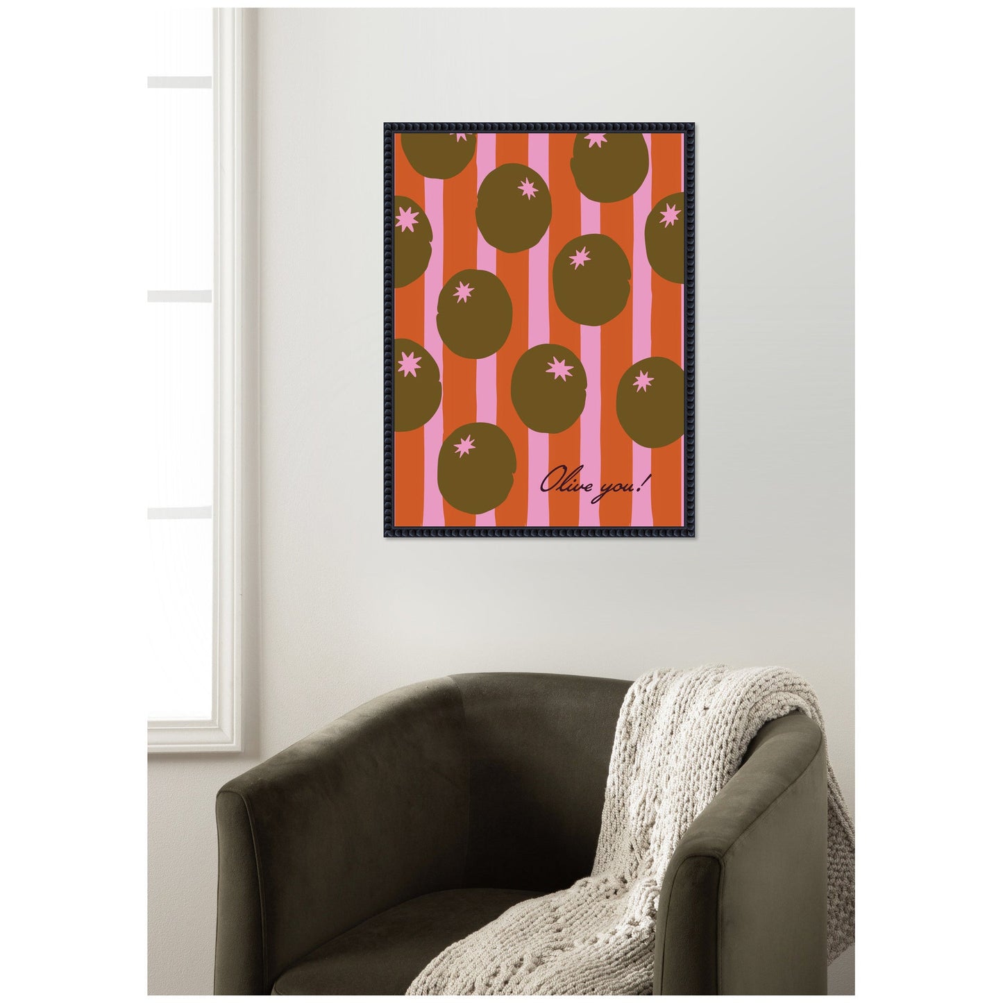 Olive You Pink Stripes by Lucky Guava Framed Canvas Wall Art Print