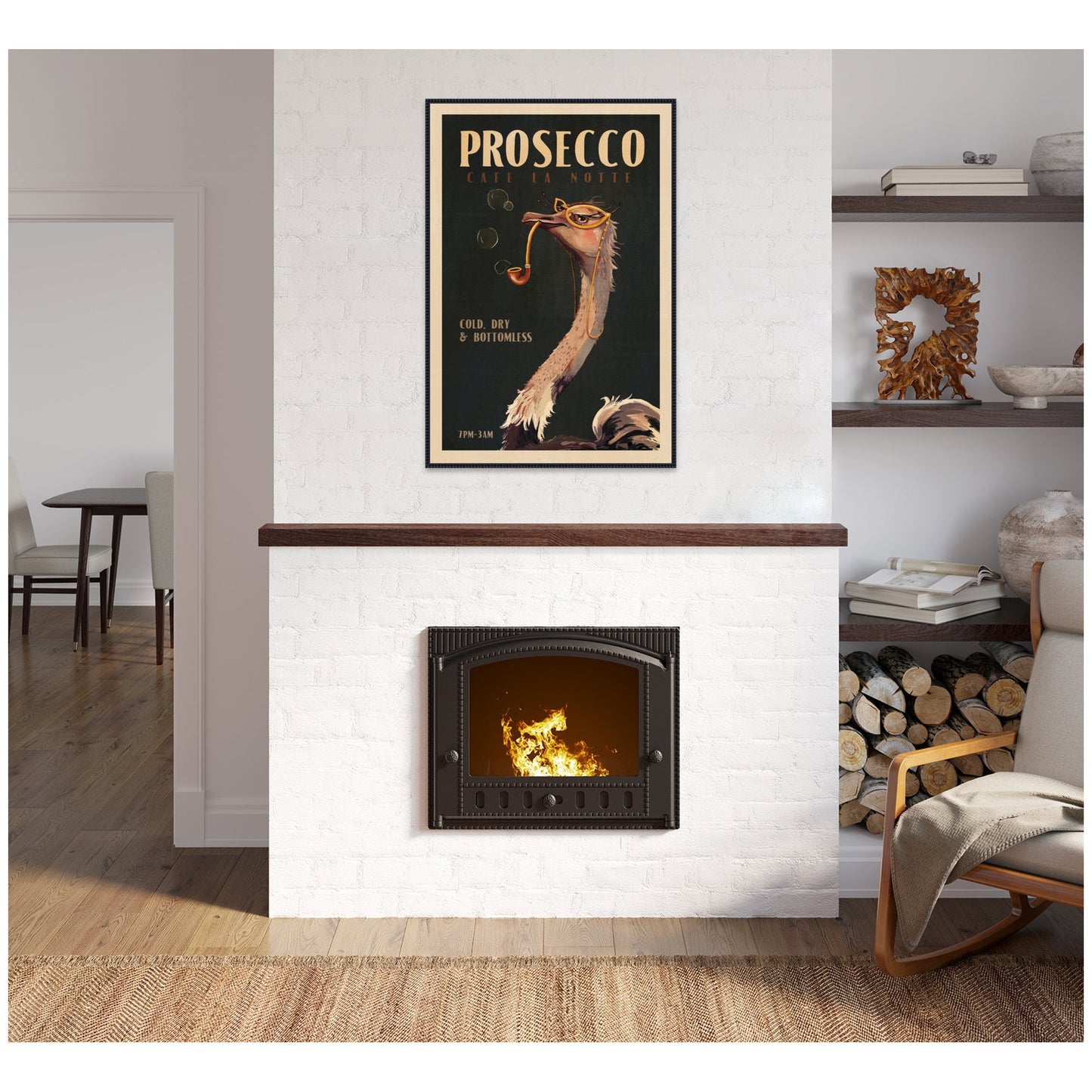 WG Deco Prosecco Ostrich by The Whiskey Ginger Framed Canvas Wall Art Print