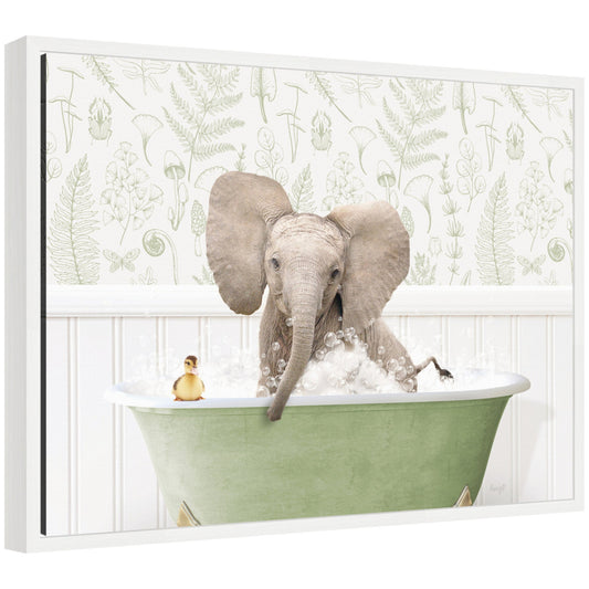 Sylvie Baby Elephant No3 in Fern Bath Framed Canvas by Amy Peterson