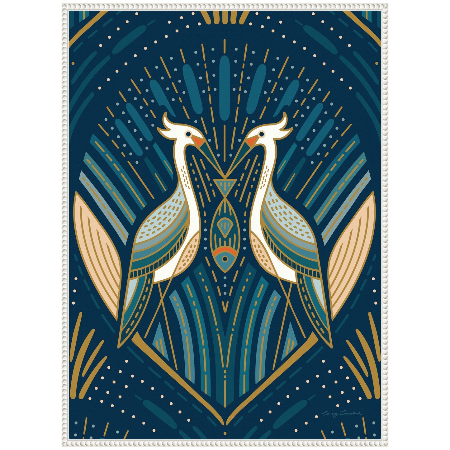 Sylvie Art Deco Herons Blue Framed Canvas by Carey Copeland