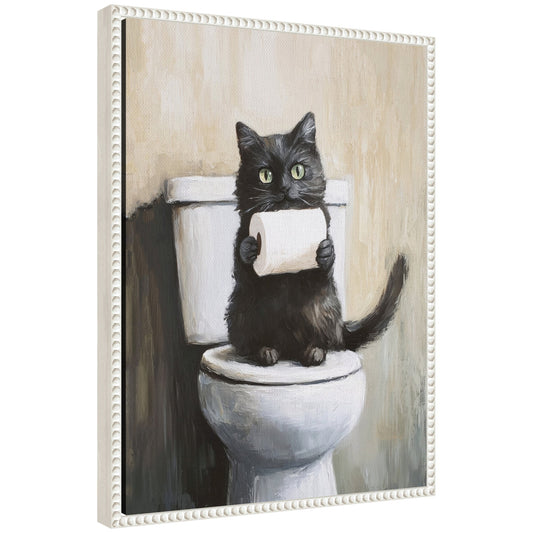 Sylvie Mischievous Black Cat Holding Toilet Paper Roll Toilet Bathroom Art Framed Canvas by The Creative Bunch Studio
