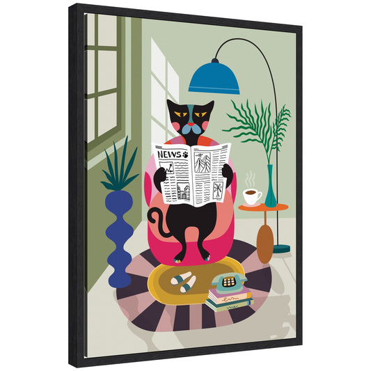 Sylvie Black Cat Reading Newspaper Framed Canvas by Rachel Lee