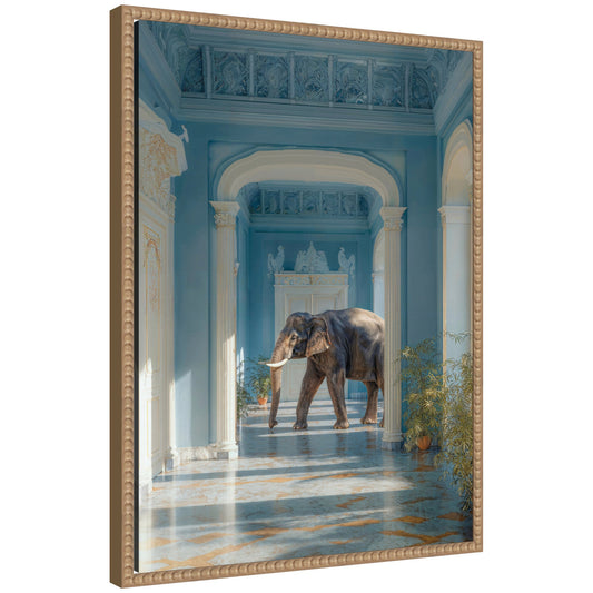 Elephant Strolling Through the Blue Wing by Michael Schauer Framed Canvas Wall Art Print