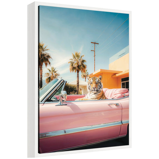 Cool Tiger Sitting in a Pink Classic Car by Michael Schauer Framed Canvas Wall Art Print