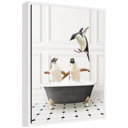 Sylvie Penguins in Classic Black and White Bath Framed Canvas by Amy Peterson