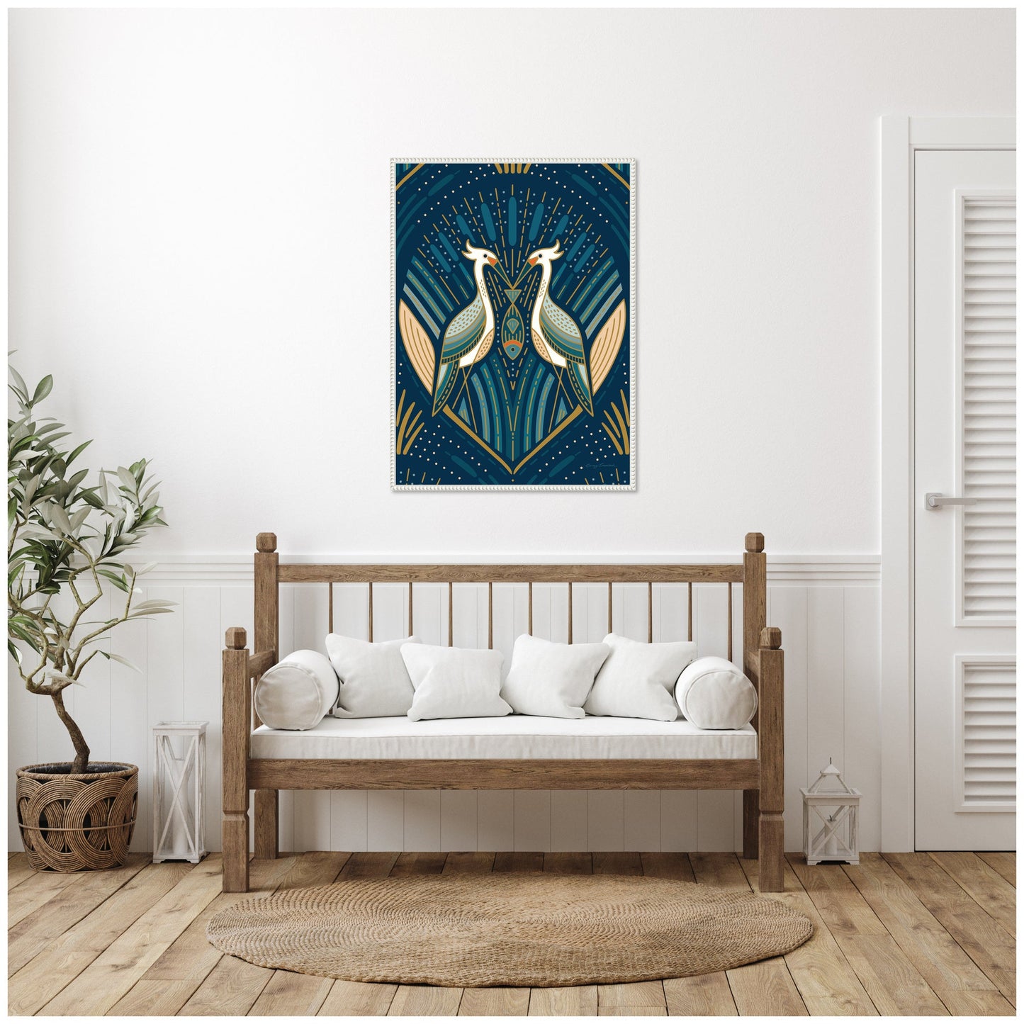 Sylvie Art Deco Herons Blue Framed Canvas by Carey Copeland