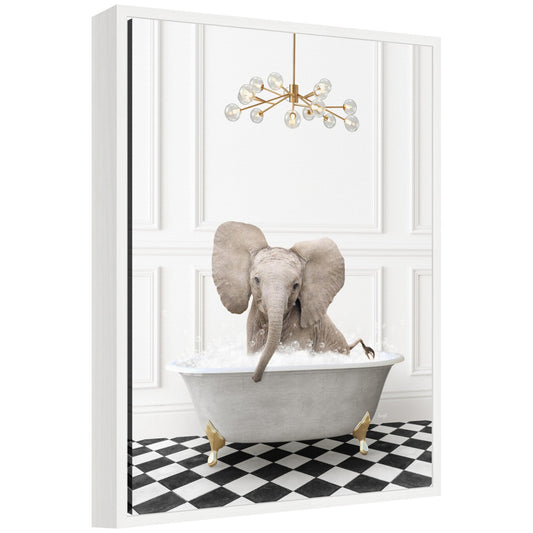 Sylvie Elephant in Gray Bathtub on Checker Floor Framed Canvas by Amy Peterson