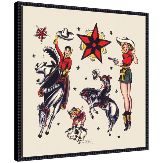 Vintage Rodeo Illustration by Corinna Buchholz of Piddix Framed Canvas Wall Art Print