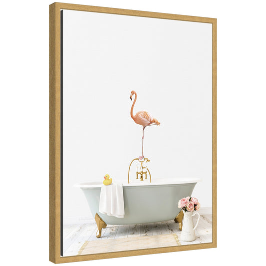 Sylvie Flamingo in Cottage Gray Bathtub Framed Canvas by Amy Peterson