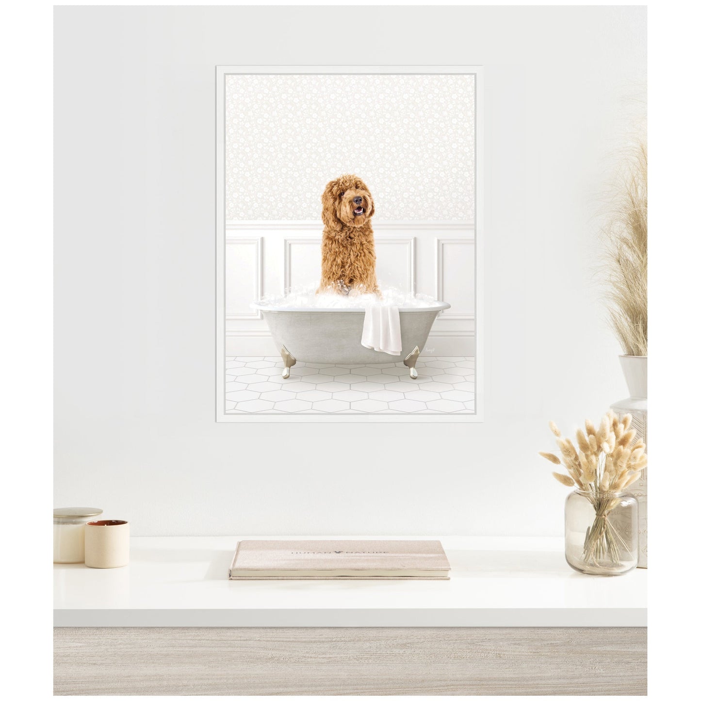 Sylvie Golden Doodle in White Bathtub Framed Canvas by Amy Peterson