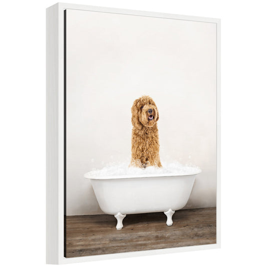 Sylvie Golden Labradoodle in Rustic Bath Style Framed Canvas by Amy Peterson