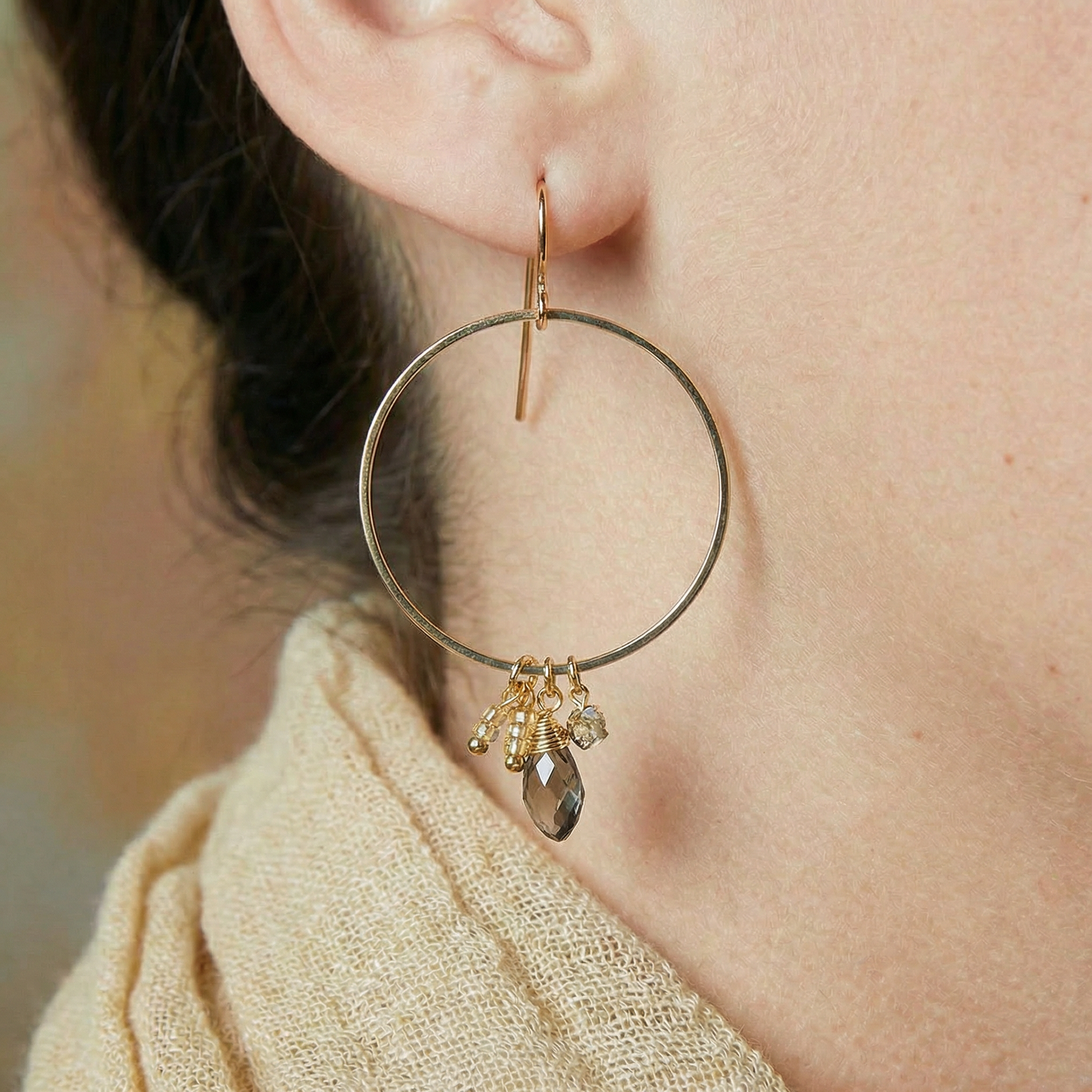 Silver Smoke Dangle Hoops Earrings in Gold | Glass Crystal Gemstones