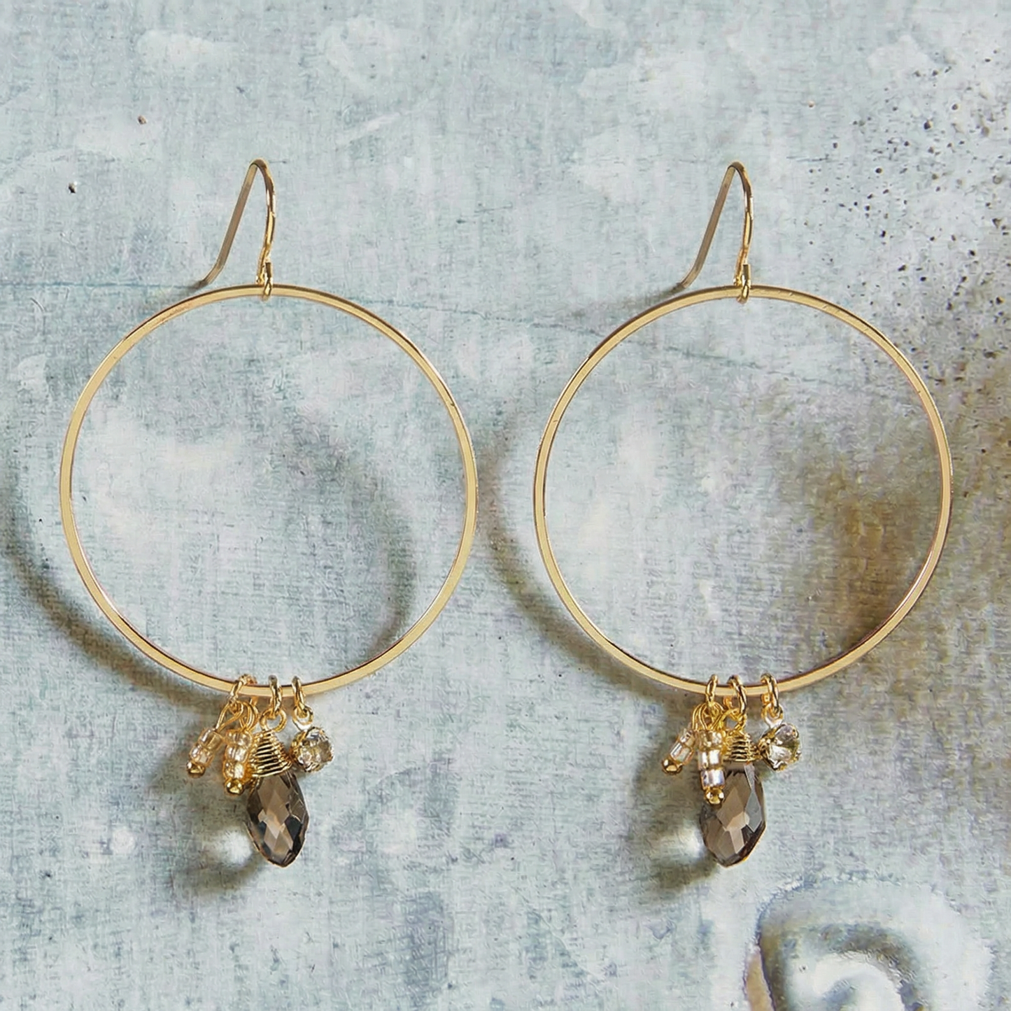 Silver Smoke Dangle Hoops Earrings in Gold | Glass Crystal Gemstones