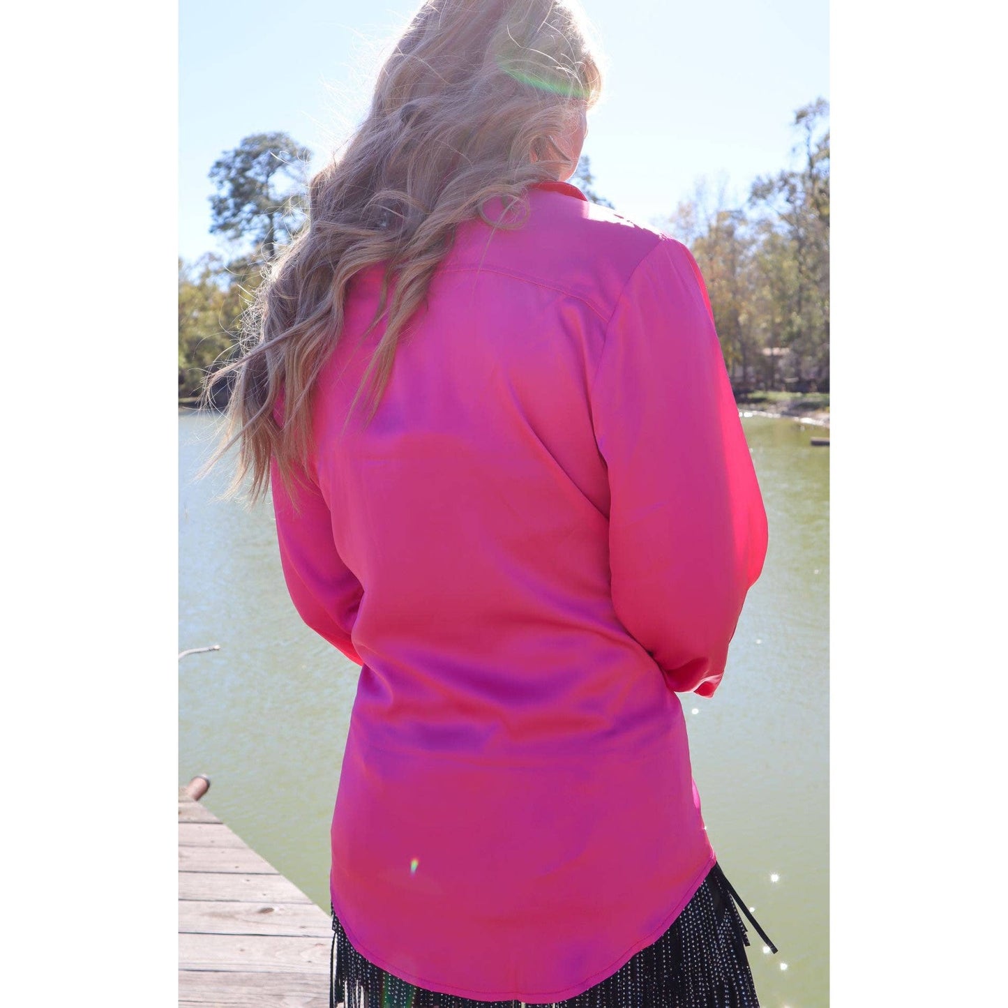 [Size 1X-3X] Dolly Duo Satin Button Up Blouse w/ Rhinestones | Western Cowgirl Plus Size Shirt