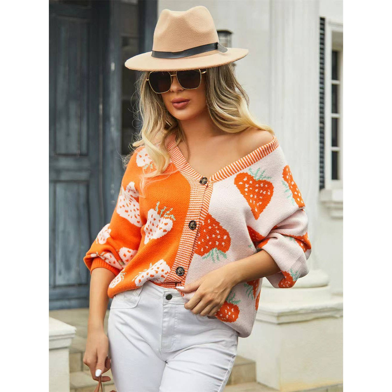 Strawberry Cardigan in Orange | Two-Tone All-Over Pattern [Available in SM-XL]