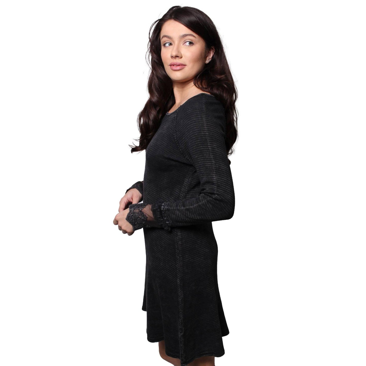 Ultimate '90s Princess Grunge Waffle Dress in Black with Lace Mesh Sleeve Detail | Y2K Mall Goth Long Sleeve Fall Winter Dress [SM-XL]