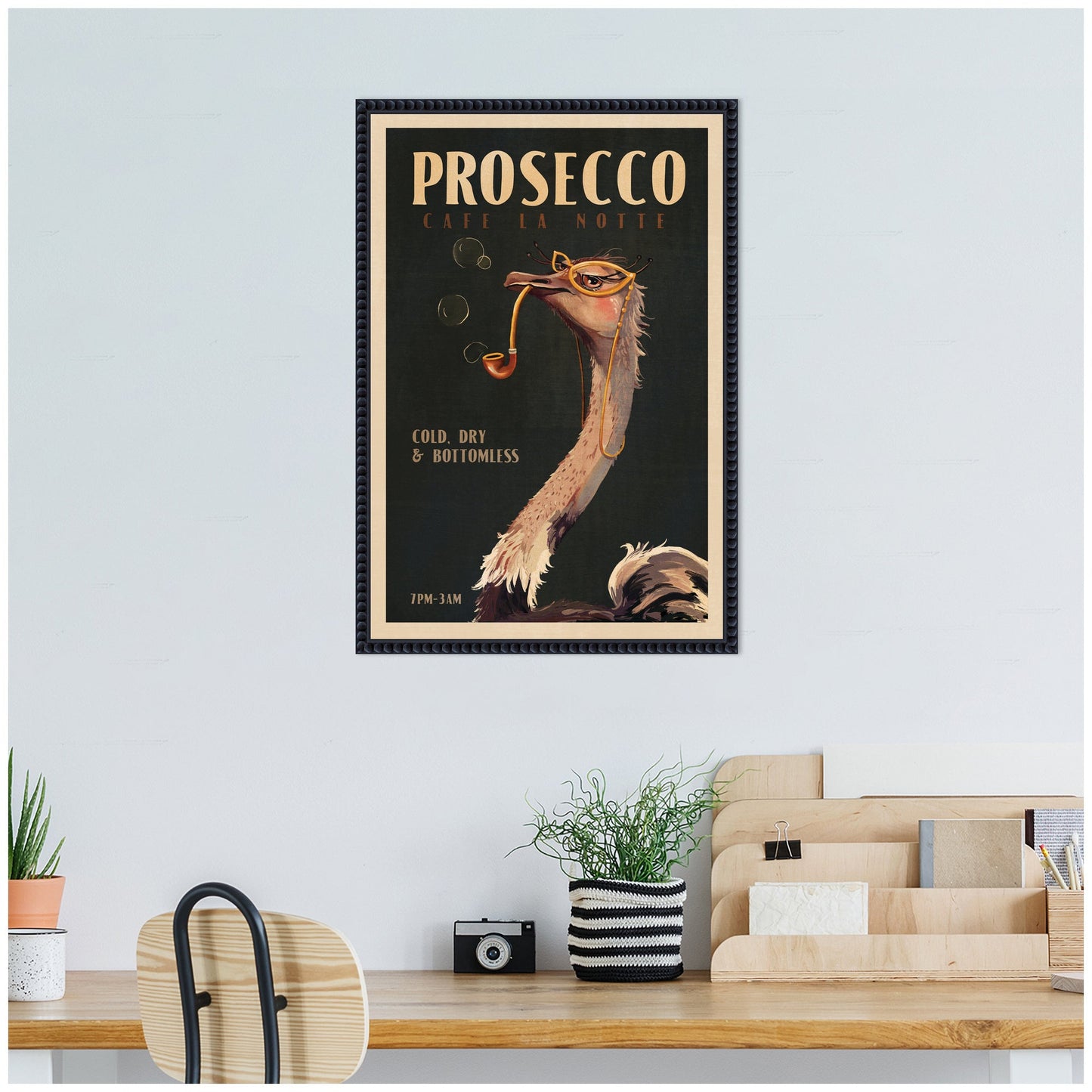 WG Deco Prosecco Ostrich by The Whiskey Ginger Framed Canvas Wall Art Print