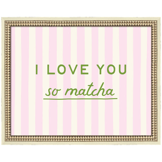 I Love You So Matcha Pink and Green Striped Kitchen Art Dopamine Decor for Home or Apartment by Lucky Guava Framed Wall Art Print