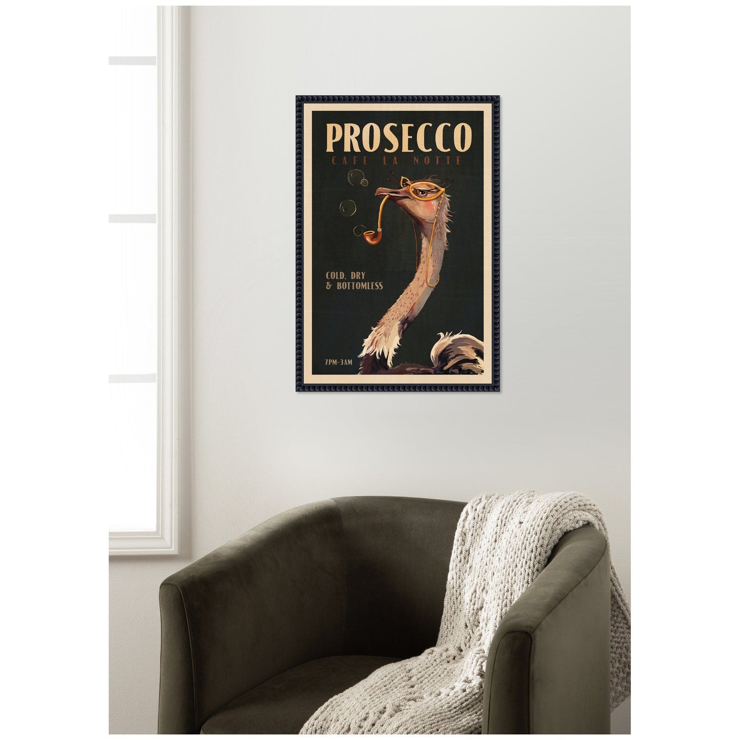 WG Deco Prosecco Ostrich by The Whiskey Ginger Framed Canvas Wall Art Print