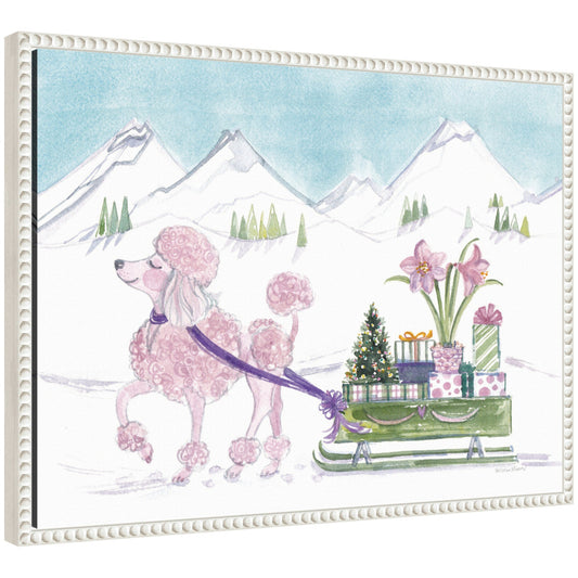 Sylvie Beaded Pink Poodle and Present Sled Framed Canvas by Patricia Shaw