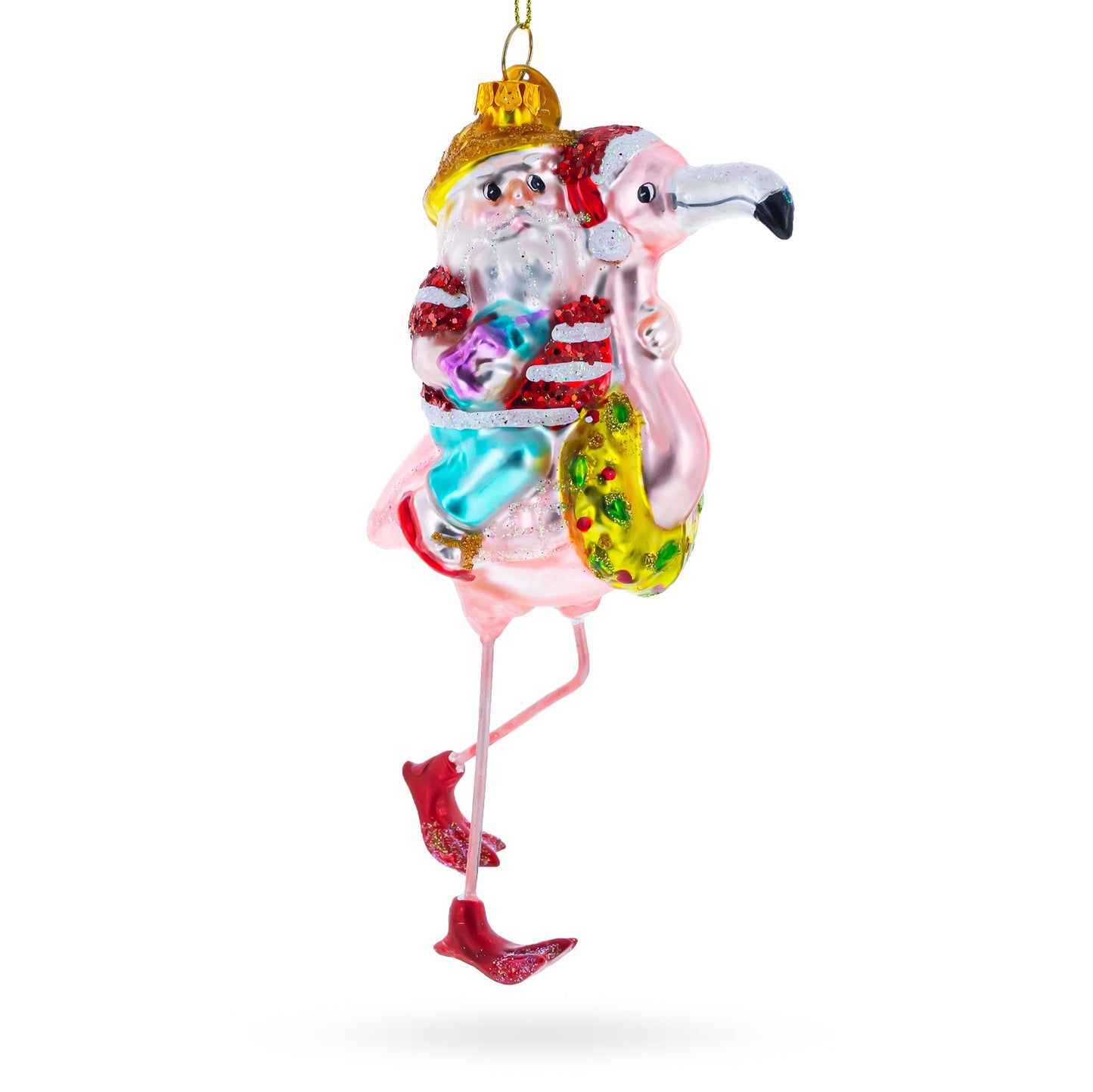 Santa Riding a Pink Flamingo Glass Christmas Ornament
