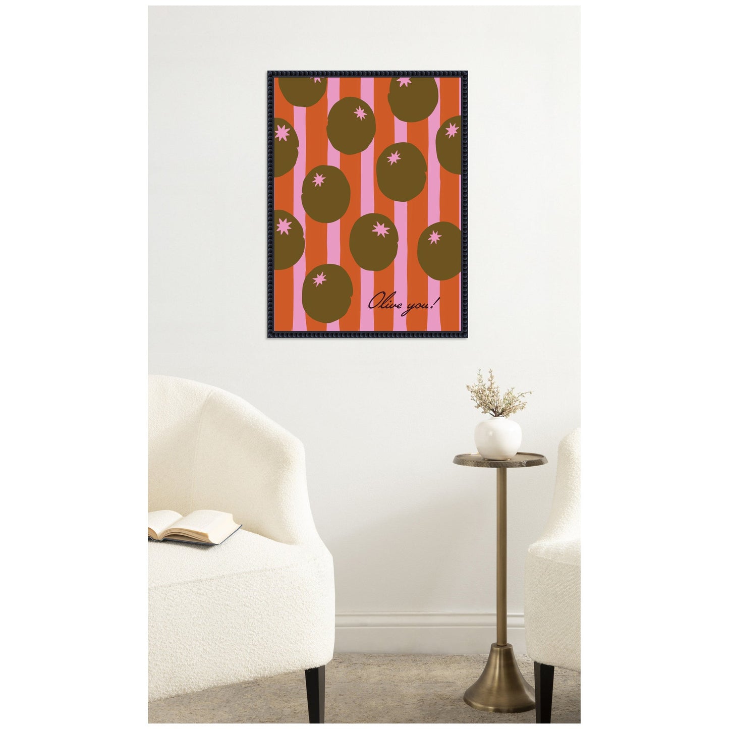 Olive You Pink Stripes by Lucky Guava Framed Canvas Wall Art Print