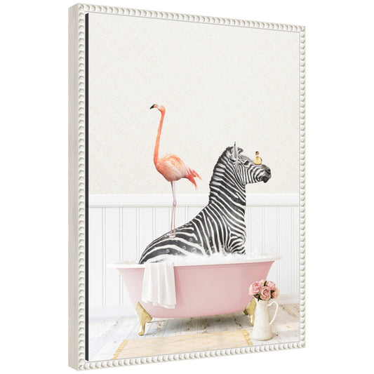 Sylvie Zebra and Flamingo in Cottage Rose Bathtub Framed Canvas by Amy Peterson