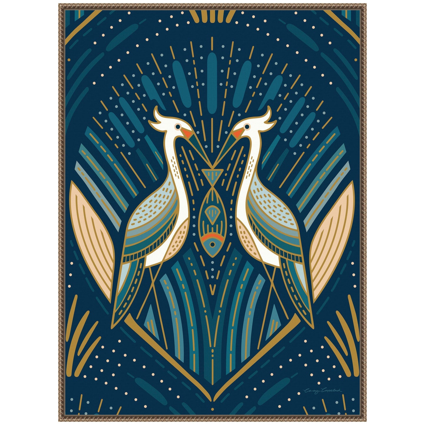 Sylvie Art Deco Herons Blue Framed Canvas by Carey Copeland