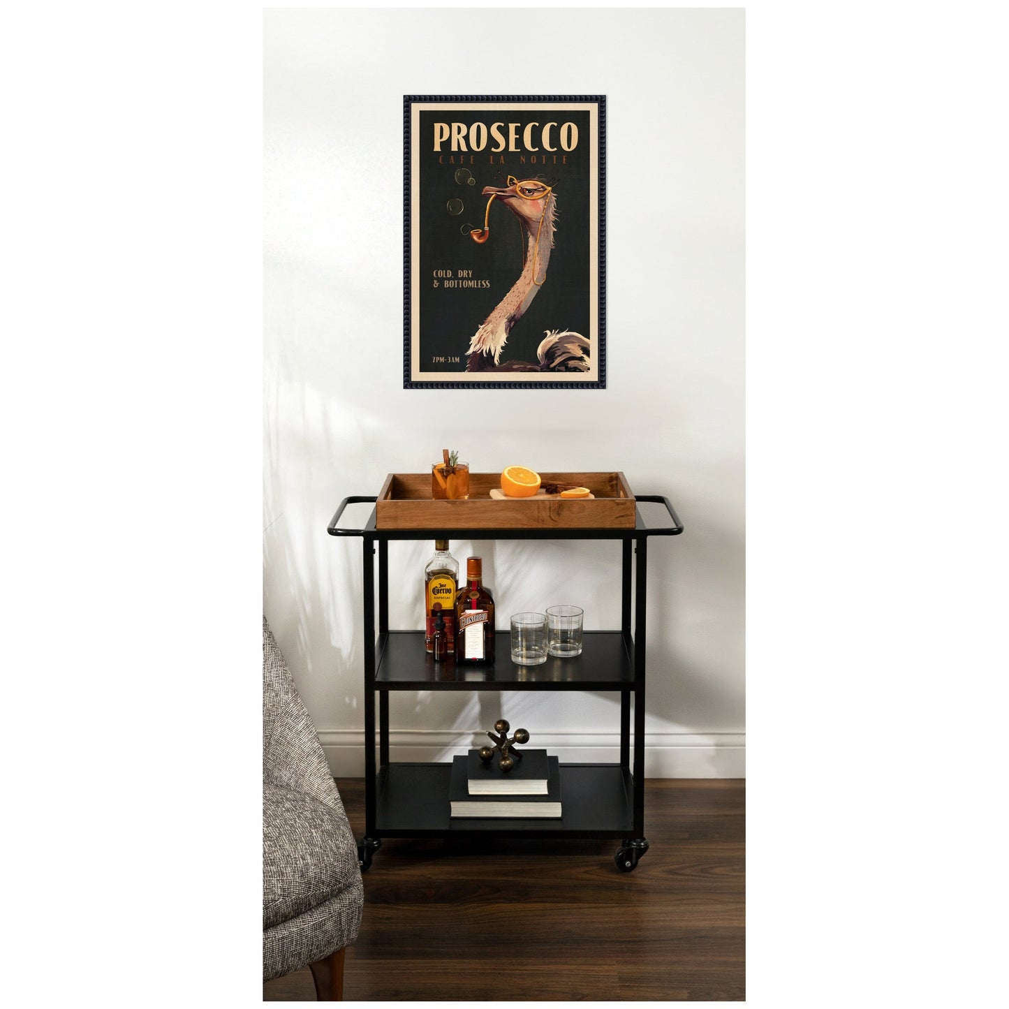 WG Deco Prosecco Ostrich by The Whiskey Ginger Framed Canvas Wall Art Print
