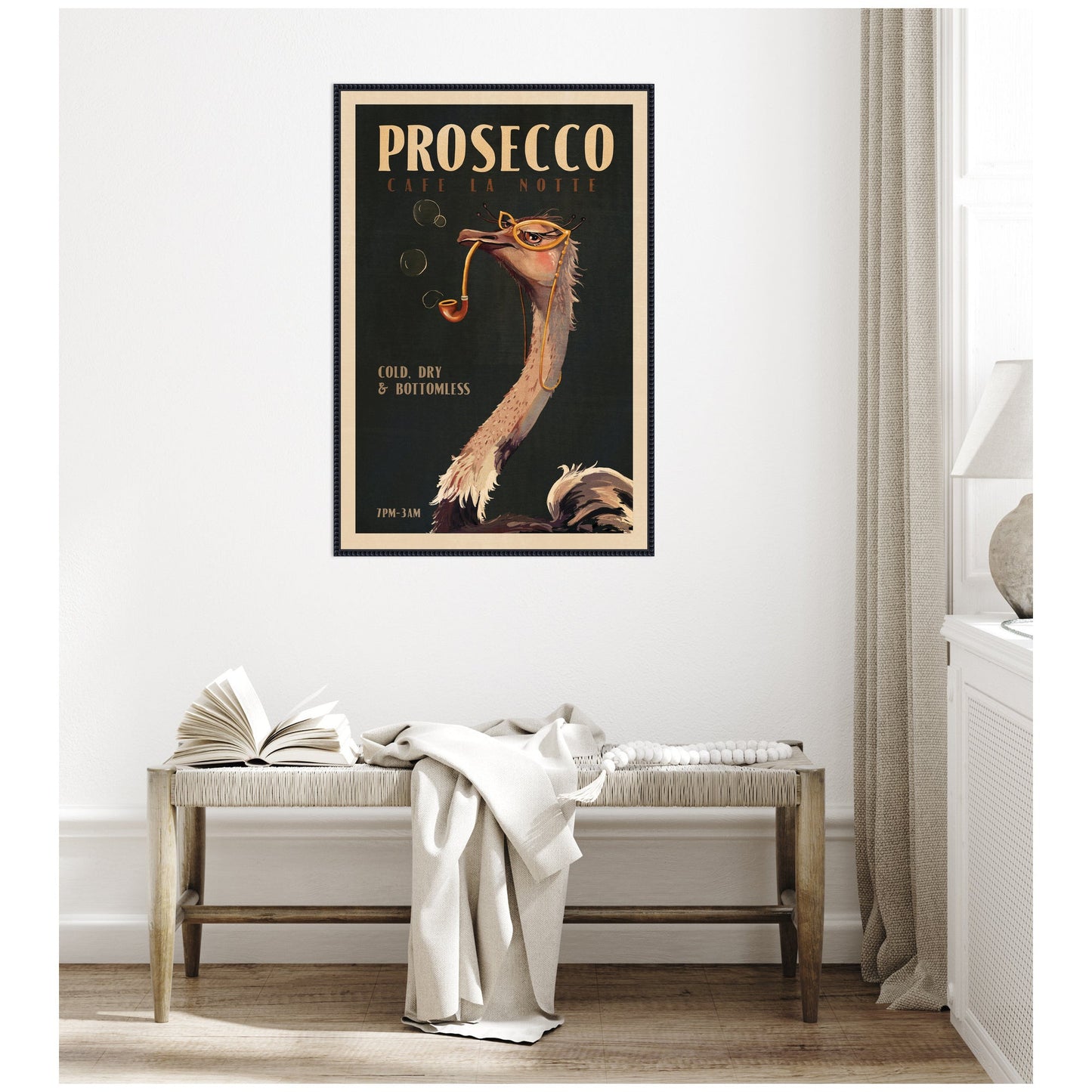WG Deco Prosecco Ostrich by The Whiskey Ginger Framed Canvas Wall Art Print