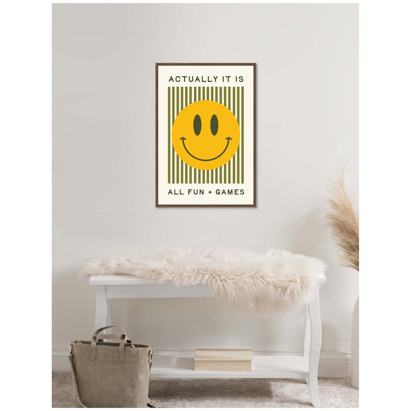 It is All Fun and Games Striped Poster, Dopamine Decor, Smiley Face Retro Print by Lucky Guava Framed Canvas Wall Art Print