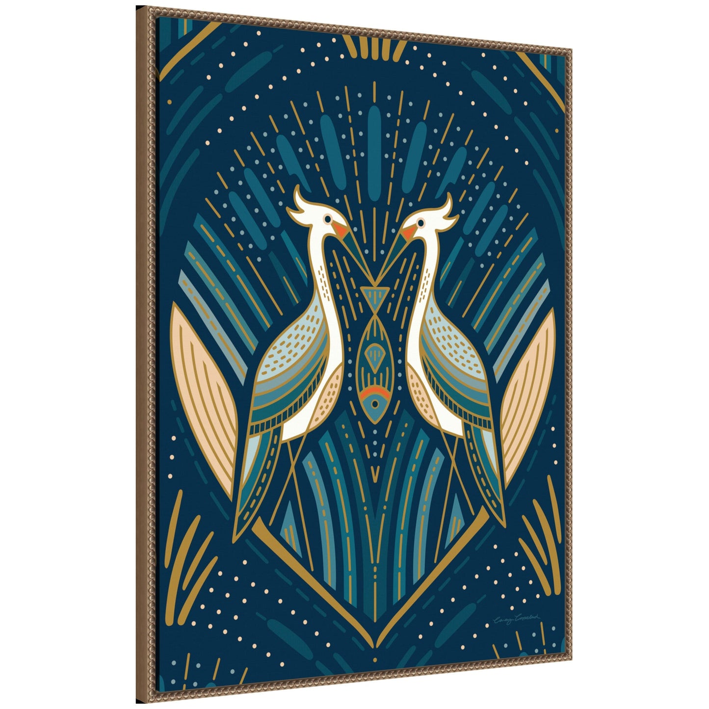 Sylvie Art Deco Herons Blue Framed Canvas by Carey Copeland