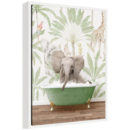 Sylvie Baby Elephant 3 in Wild Safari Bathtub Framed Canvas by Amy Peterson