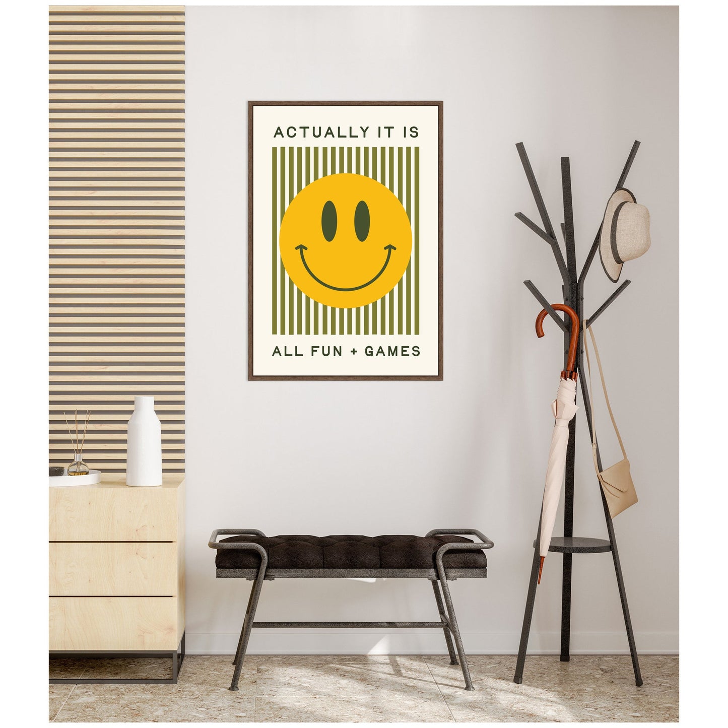 It is All Fun and Games Striped Poster, Dopamine Decor, Smiley Face Retro Print by Lucky Guava Framed Canvas Wall Art Print