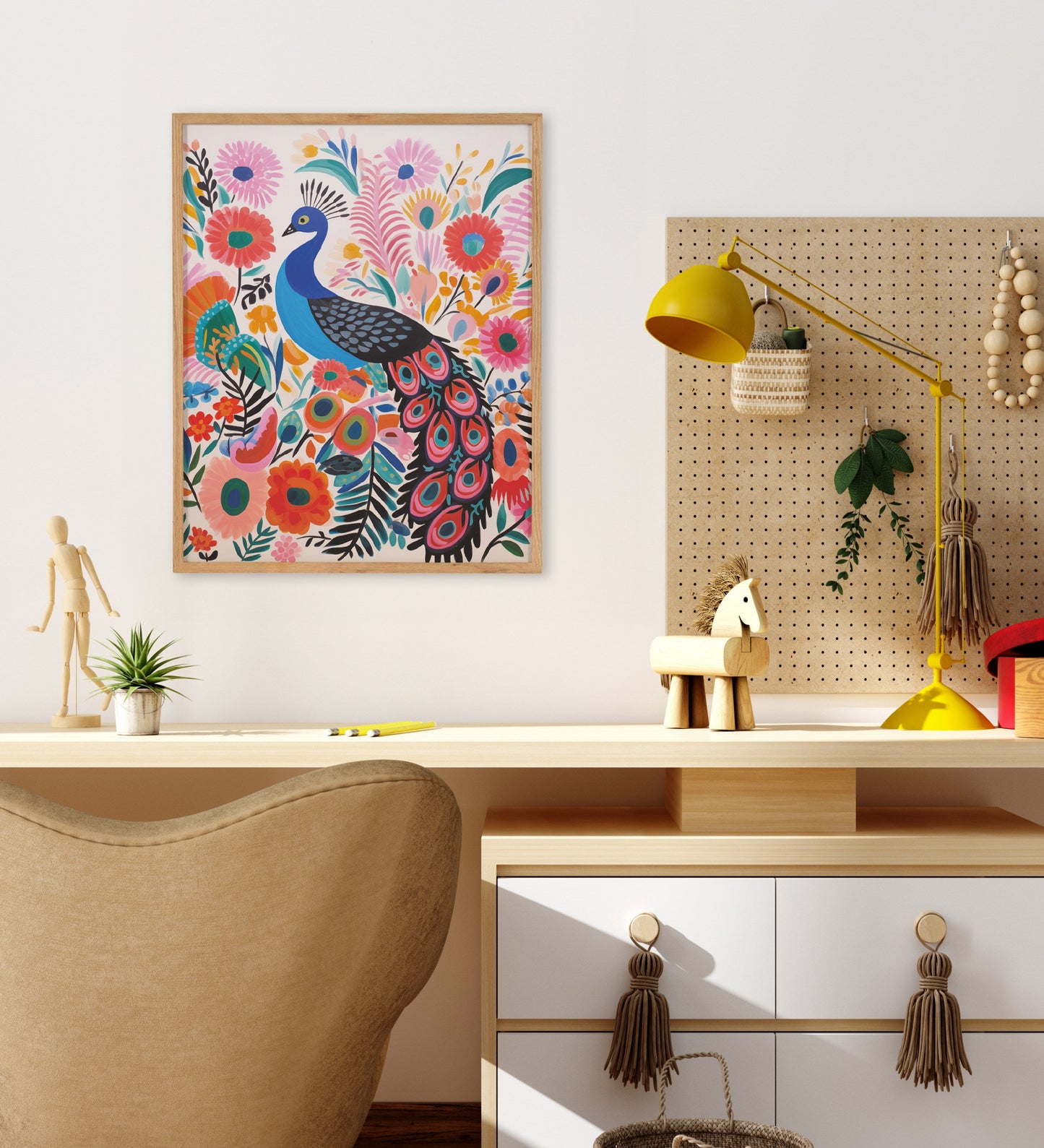 Gallery Bright Colorful Boho Peacock and Botanicals Print by The Creative Bunch Studio