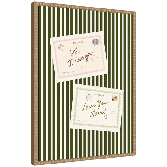 Vintage Postcard Print PS I Love You, Love You More, Striped Green Wall Art Dopamine Decor by Lucky Guava Framed Canvas Wall Art Print