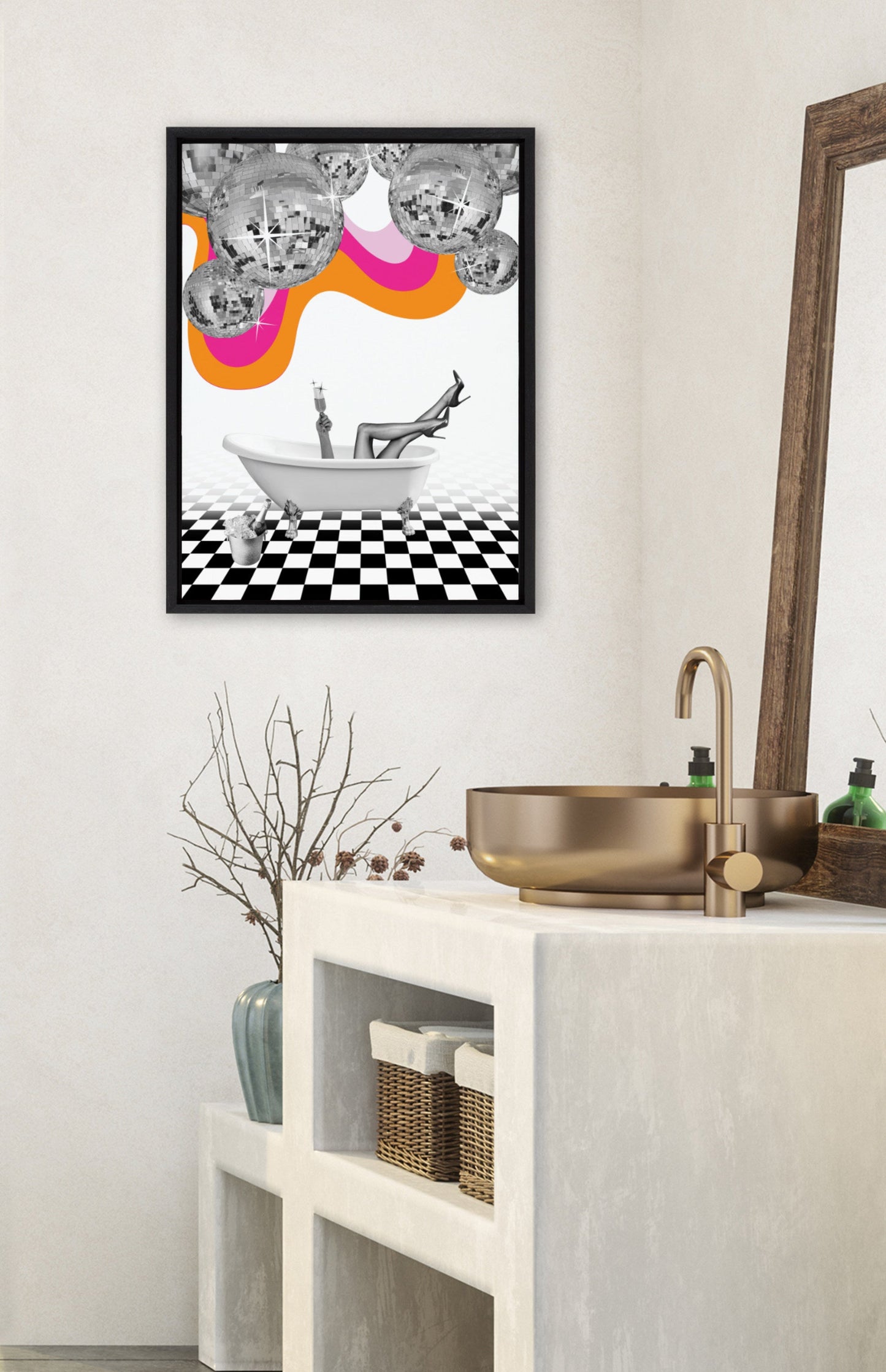 Sylvie Disco Bathtub Framed Canvas by Honey Island Studio